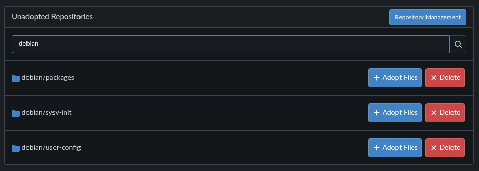 Unadopted Repositories dialog with unadopted repos list