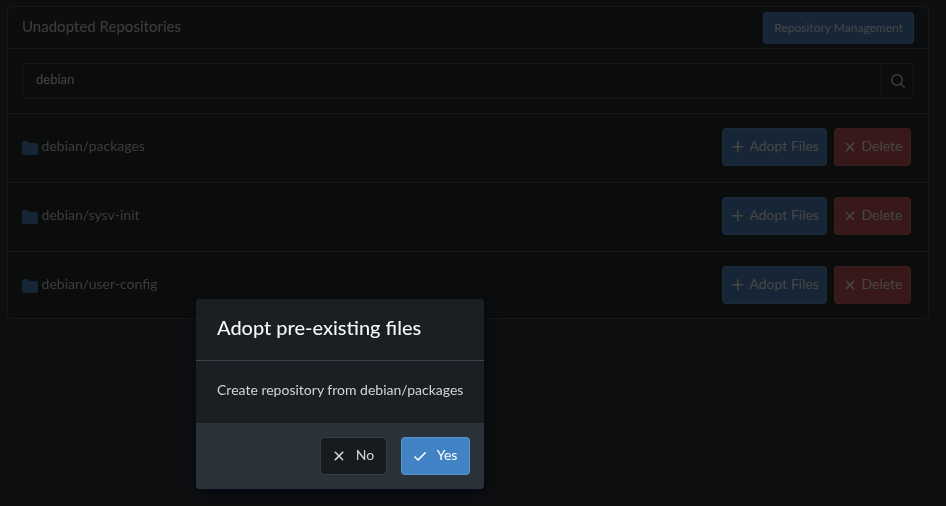 Unadopted Repositories dialog, importing repo confirm dialog