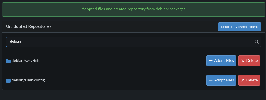 Unadopted Repositories dialog, indicating successful repo import